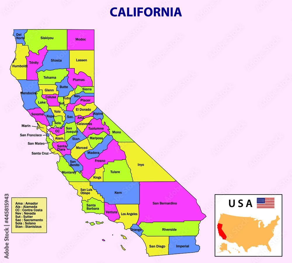 California Map. State and district map of California. Administrative