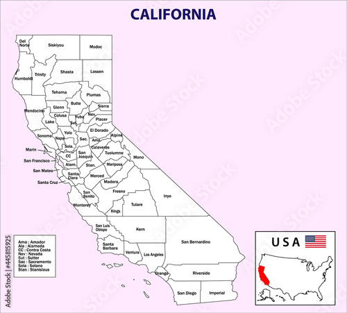California map. California District map in white color. District map with USA.