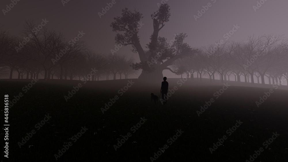 kid and dog in dark forest