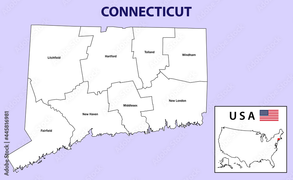 Connecticut map. District map of Connecticut in White color. District map with USA.