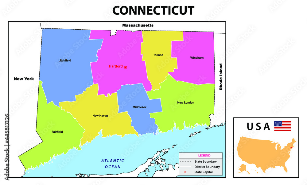 Connecticut Map. State and district map of Connecticut. Administrative and political map of Connecticut with neighboring countries and borders.