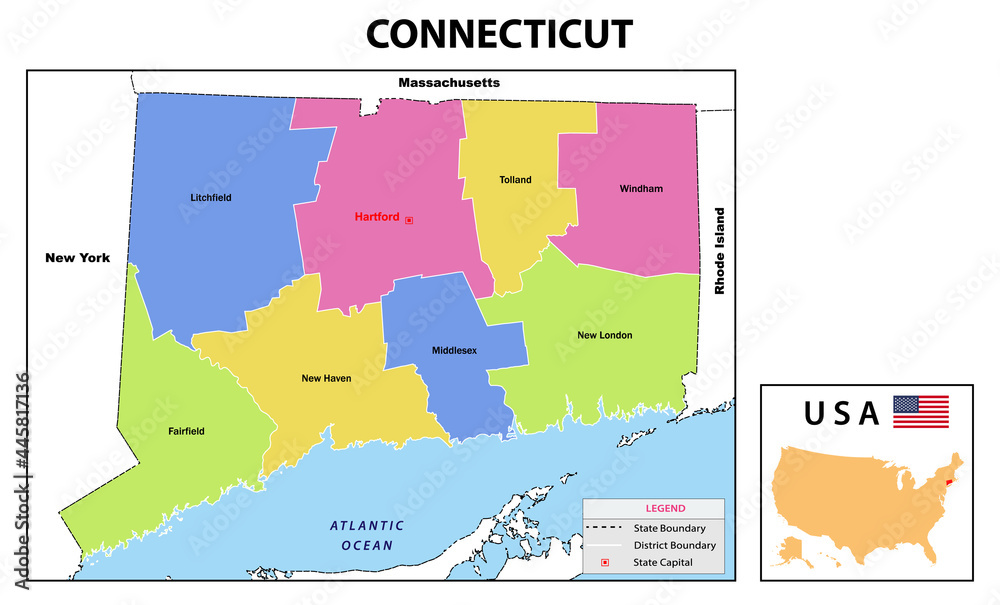 Connecticut Map. State and district map of Connecticut. Administrative