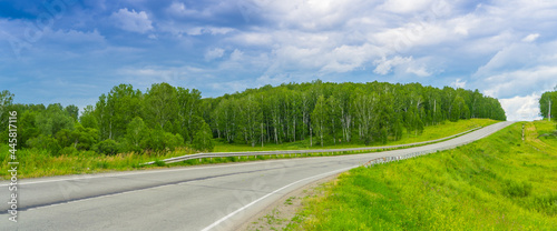 regional road among summer forrest, rainy weather, panoramic shot