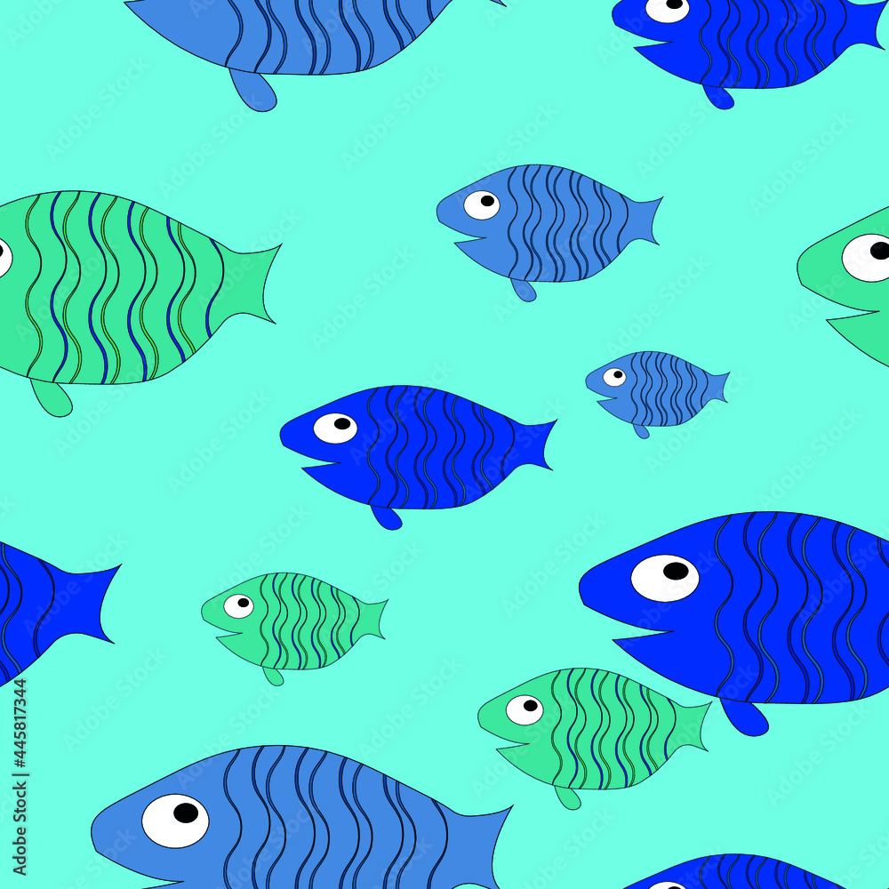 Seamless pattern with painted colorful fishes. Can be used for wallpaper, textiles, packaging, cards, covers. Small colorful fish on a blue background. Seamless pattern with painted colorful fishes. Can be used for wallpaper, textiles, packaging, cards, covers. Small colorful fish on a blue background.