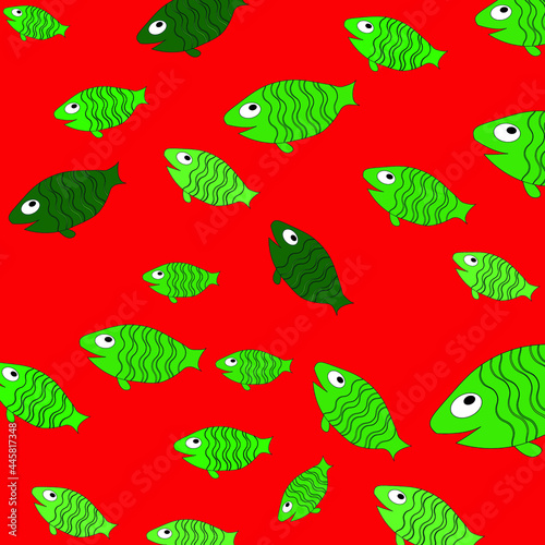 Seamless pattern with painted colorful fishes. Can be used for wallpaper, textiles, packaging, cards, covers. Small colorful fish on a red  background. © Виталий Сова