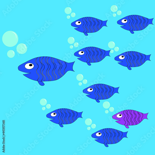 Cute sea fish happy family, with father and children, sons and one daughter swim in the sea, vector illustration.