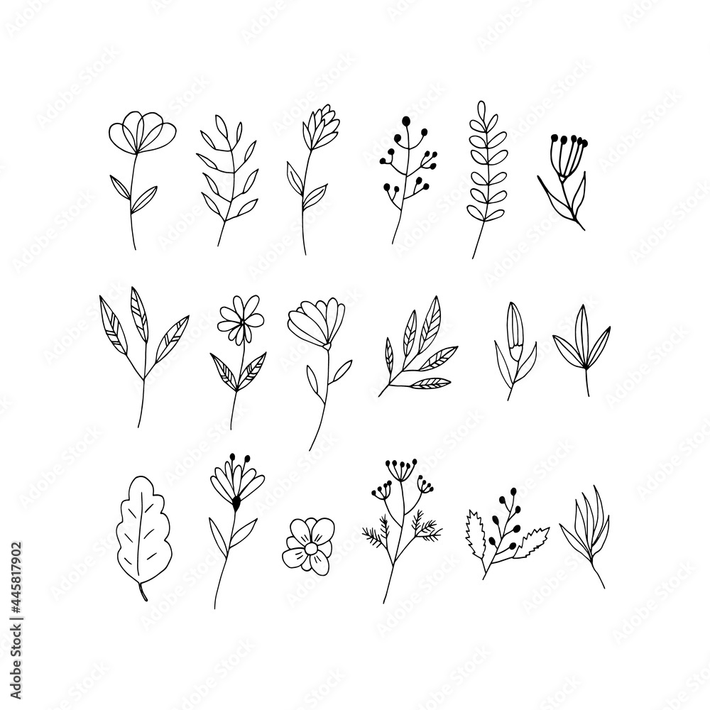 Plakat abstract flowers and leaves icon set. hand drawn doodle. vector, scandinavian, nordic, minimalism, monochrome. plant, herbarium.