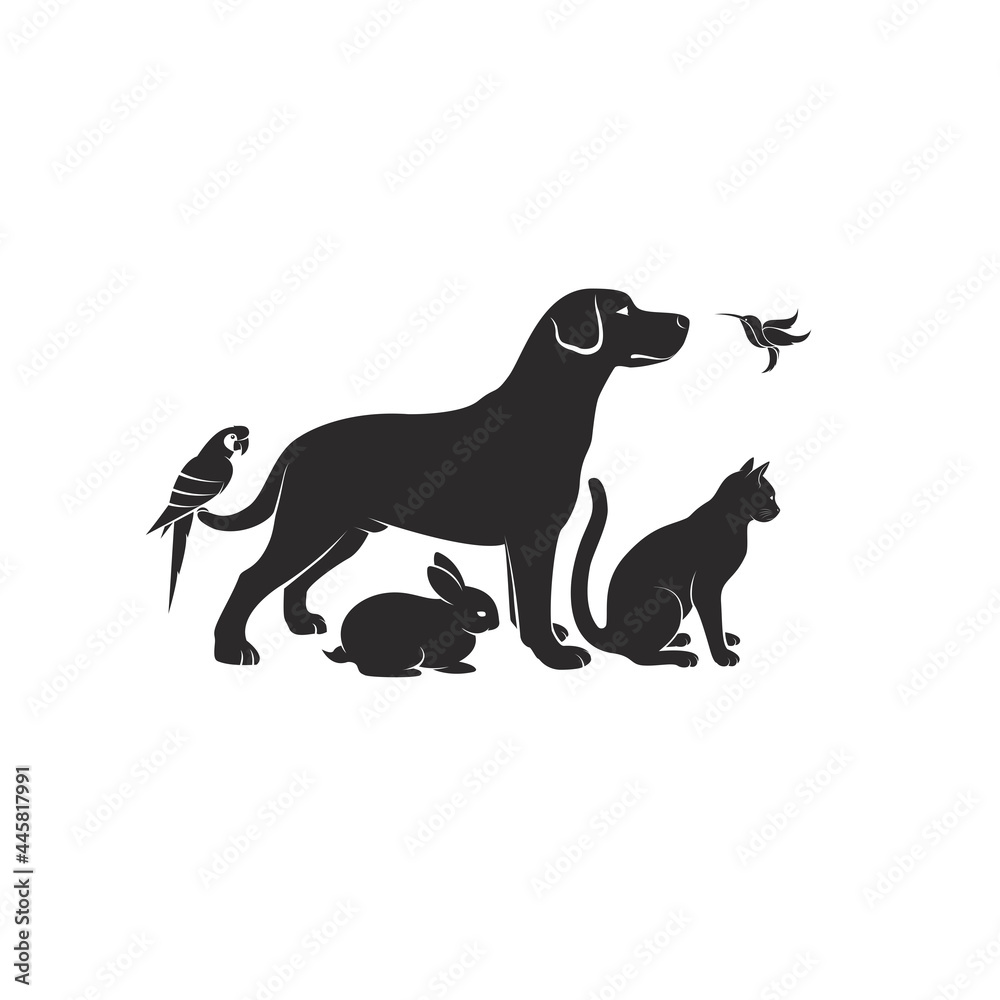 Vector group of pets - Dog, Cat, Humming bird, Parrot, Rabbit isolated on white background. Pet Icon or logo, Easy editable layered vector illustration.