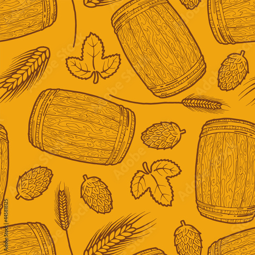 Seamless background with a pattern of hand drawn old wooden barrel for beer, leaves and cones of hops, ears of barley