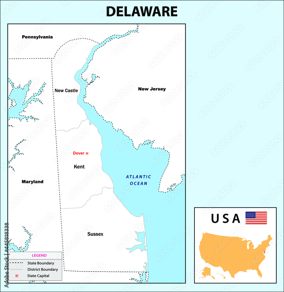 Delaware Map. State and district map of Delaware. Administrative and political map of Delaware with neighboring countries and border in white color.