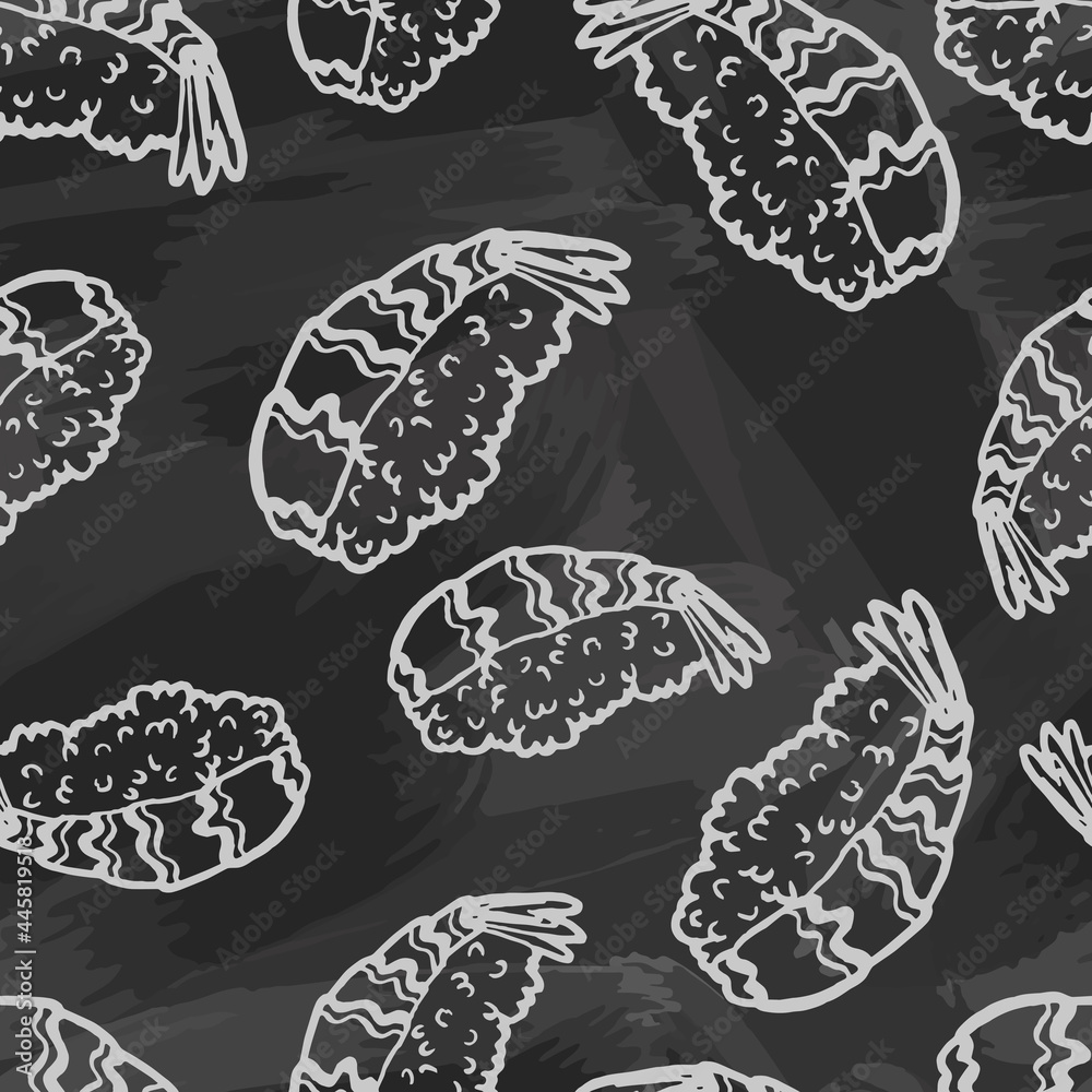 Sushi nigiri. Fresh shrimp with tail. Seafood and rice. Traditional Asian Japanese bento dish. Vintage retro style. Seamless background with pattern. Chalk board