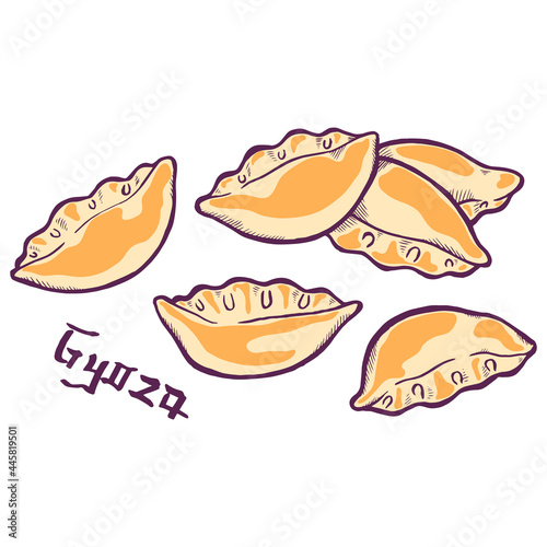 Gyoza. Fried asian dumplings. . Traditional japanese and chinese fast food. Bento lunch. Vintage retro style. Isolated clipart set. 