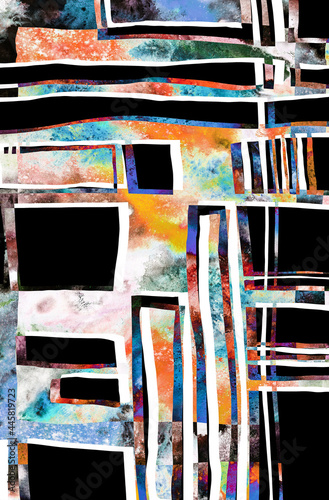 Abstract stripy artistic background with creative geometric shapes stripes, lines and shabby brush strokes effect.