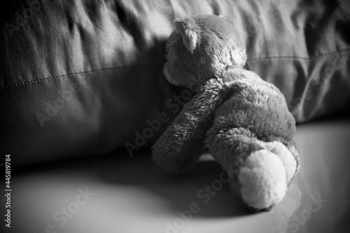 Photography Alone teddy bear sitting beside pillow dark black and white image