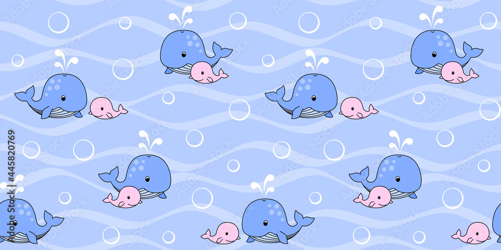 Blue mother whale and pink baby whale on a blue background with waves ...