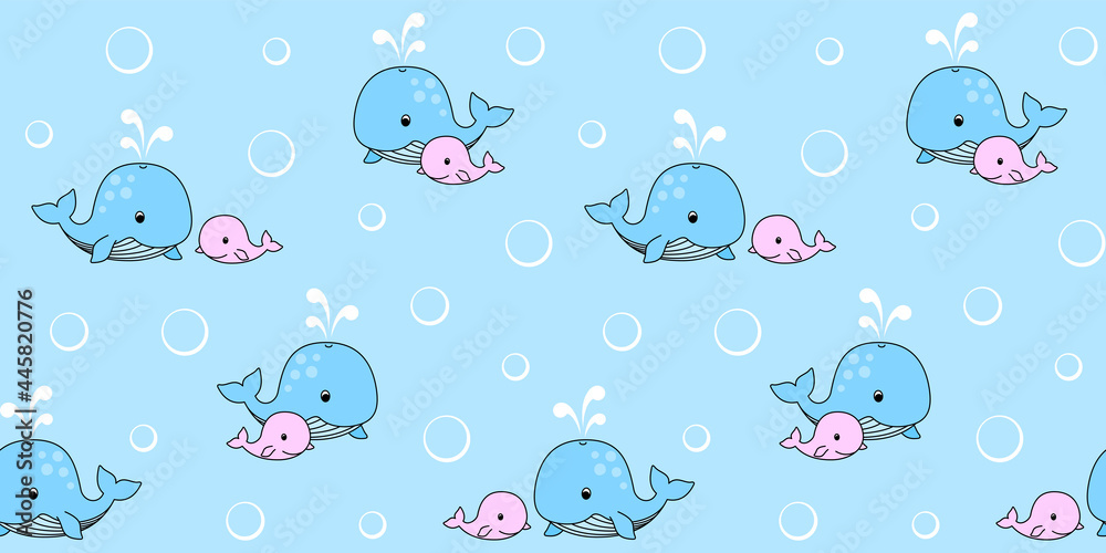 Blue mother whale and pink baby whale on a blue background with circles ...