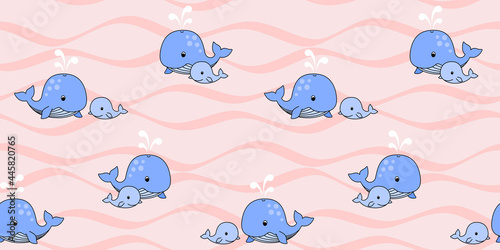 Mother whale and baby whale swim on the waves on a pink background. Endless texture with cute blue whales. Vector seamless pattern for cover  wallpaper  wrapping paper  packaging and surface texture
