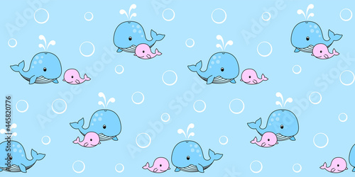 Blue mother whale and pink baby whale on a blue background with circles. Endless texture with cute whales. Vector seamless pattern for wallpaper, cover, wrapping paper, packaging and surface texture