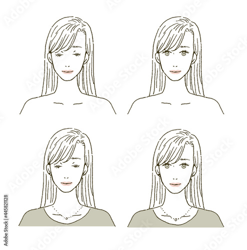 ビューティー　大人の女性の上半身のイラストレーションセット
