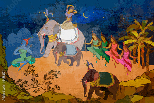 Ancient frescoes. Traditional indian mural paintings style. Old Asian culture. Mythology, tradition and history. Religion. Hinduism. Vishnu and Shiva. Gods of India