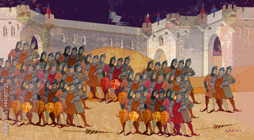 Medieval army. Fight at the ancient castle. Crusaders in an armor. Ancient book vector illustration. Middle Ages, parchment concept. Historical miniature art