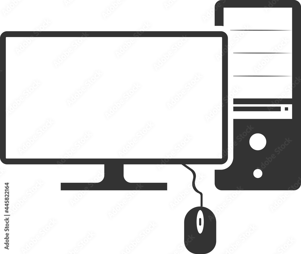 Flat black vector icon of the computer system unit, mouse and monitor. Flat black vector icon of the computer system unit, mouse and monitor.