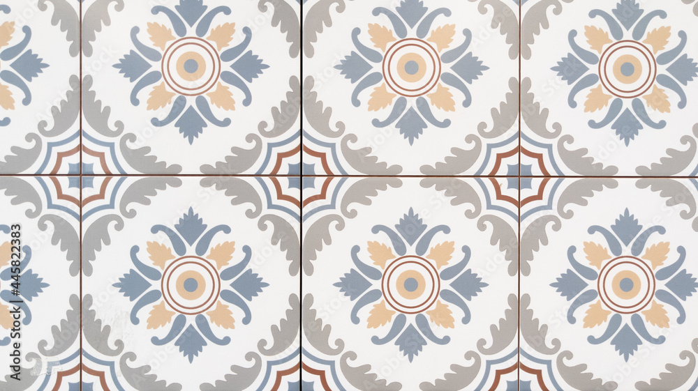 Vintage art flowers stone antique floral seamless tile pattern in patchwork tiles background