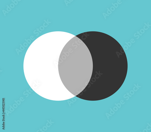 Two circles merging, white and black. Merger, integration, synthetic creativity, synergy, opposites, unity and teamwork concept. Flat design. EPS 8 vector illustration, no transparency, no gradients