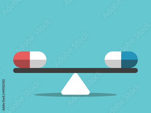 Two pills on weight scale. Choice of effective drug, price, cheap substitute, fake medicine and addiction concept. Flat design. EPS 8 vector illustration, no transparency, no gradients