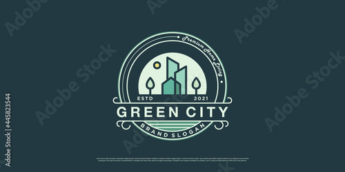 Green city logo illustration for real estate company Premium Vector