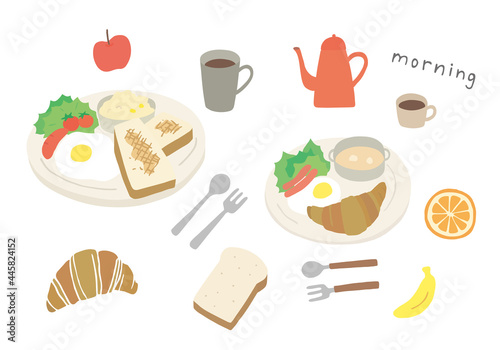 洋食朝ごはんの手描きイラストセット（カラー/輪郭線なし）