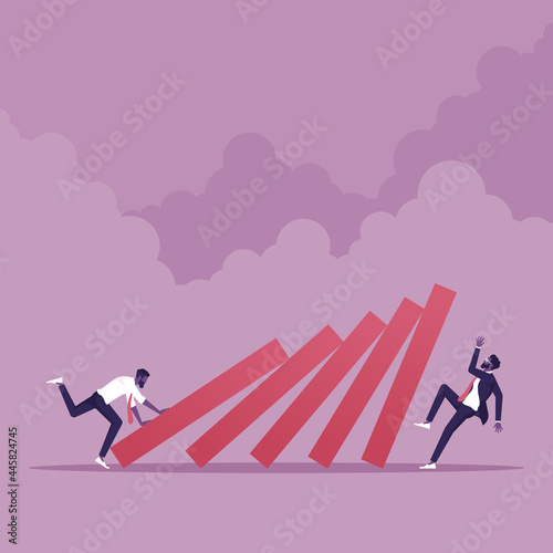 Business disruption and domino effect vector concept - Businessman pushing to collapse domino to another businessman falling down