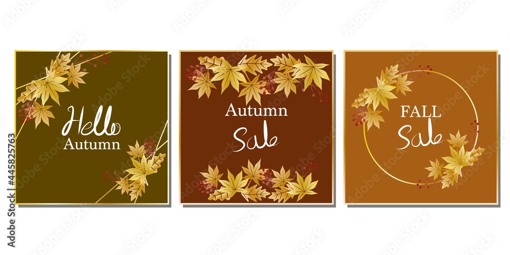 Set of autumn vector template decoration with golden maple leaves and berries. Autumn sale, fall banner, autumn concept web template. Vector illustration.