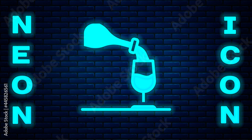 Glowing neon Wine tasting, degustation icon isolated on brick wall background. Sommelier. Smells of wine. Vector