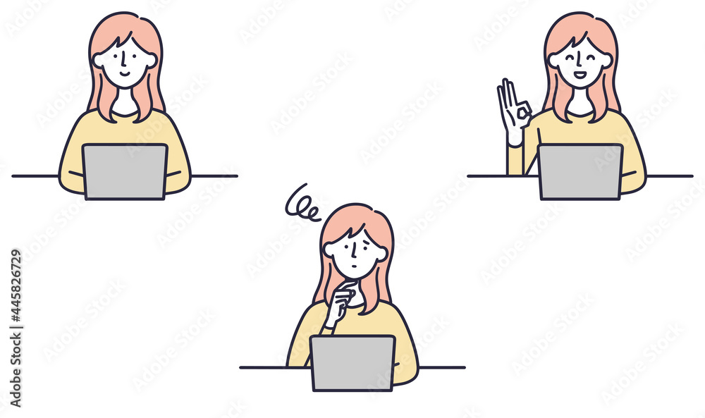パソコンを操作する女性　シンプルイラスト