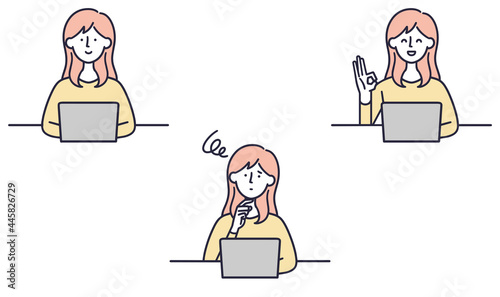 パソコンを操作する女性　シンプルイラスト