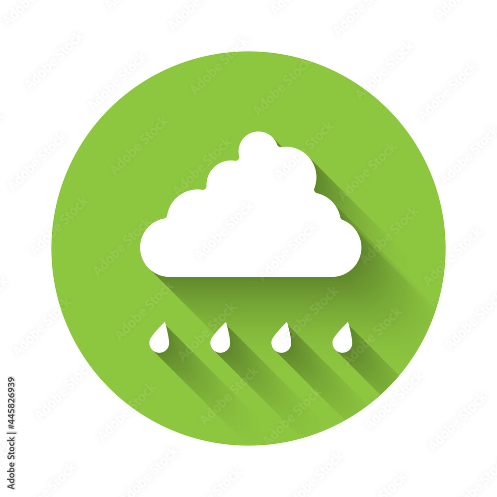 White Cloud with rain icon isolated with long shadow background. Rain cloud precipitation with rain drops. Green circle button. Vector White Cloud with rain icon isolated with long shadow background. Rain cloud precipitation with rain drops. Green circle button. Vector