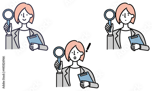 虫眼鏡を持っている女性　経済　情報　シンプルイラスト