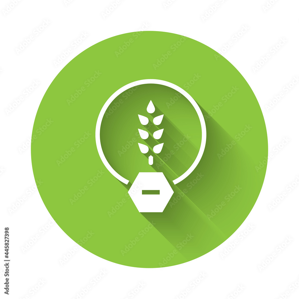 White Gluten free grain icon isolated with long shadow background. No wheat sign. Food intolerance symbols. Green circle button. Vector White Gluten free grain icon isolated with long shadow background. No wheat sign. Food intolerance symbols. Green circle button. Vector