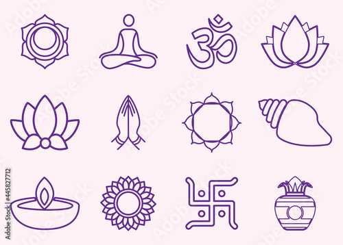 Sprituality hindu religious line icon set in violet color on pink background