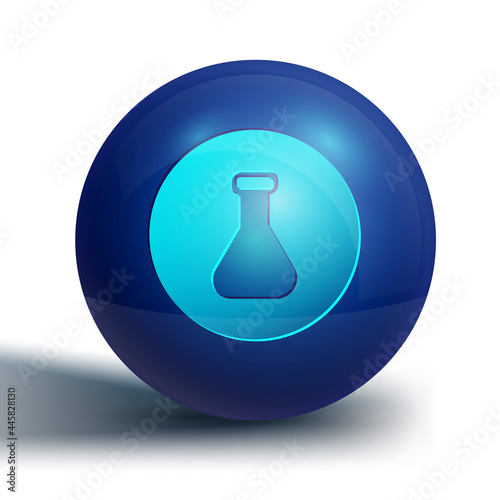 Blue Test tube and flask chemical laboratory test icon isolated on white background. Laboratory glassware sign. Blue circle button. Vector