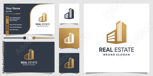 Real estate logo and busniess card design with creative simple concept Premium Vector