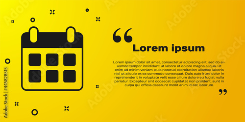 Black Travel planning calendar and airplane icon isolated on yellow background. A planned holiday trip. Vector