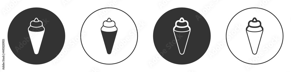 Black Ice cream in waffle cone icon isolated on white background. Sweet symbol. Circle button. Vector Black Ice cream in waffle cone icon isolated on white background. Sweet symbol. Circle button. Vector