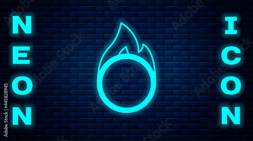 Glowing neon Circus fire hoop icon isolated on brick wall background. Ring of fire flame. Round fiery frame. Vector
