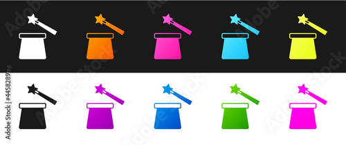 Set Magic hat and wand icon isolated on black and white background. Magic trick. Mystery entertainment concept. Vector
