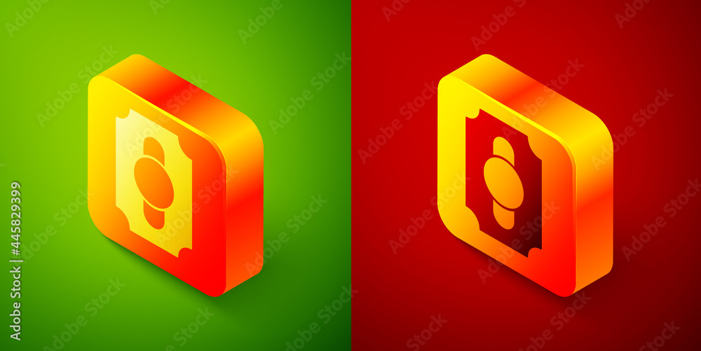 Isometric Circus ticket icon isolated on green and red background. Amusement park. Square button. Vector Isometric Circus ticket icon isolated on green and red background. Amusement park. Square button. Vector