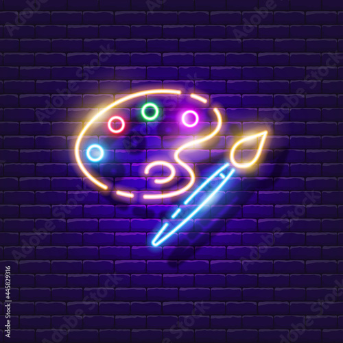 Art palette neon sign. Drawing lesson glowing icon. Vector illustration for design. Drawing concept.
