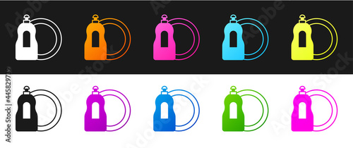 Set Dishwashing liquid bottle and plate icon isolated on black and white background. Liquid detergent for washing dishes. Vector