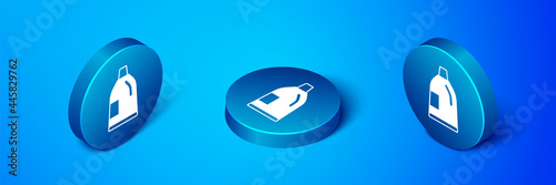 Isometric Plastic bottle for laundry detergent, bleach, dishwashing liquid or another cleaning agent icon isolated on blue background. Blue circle button. Vector